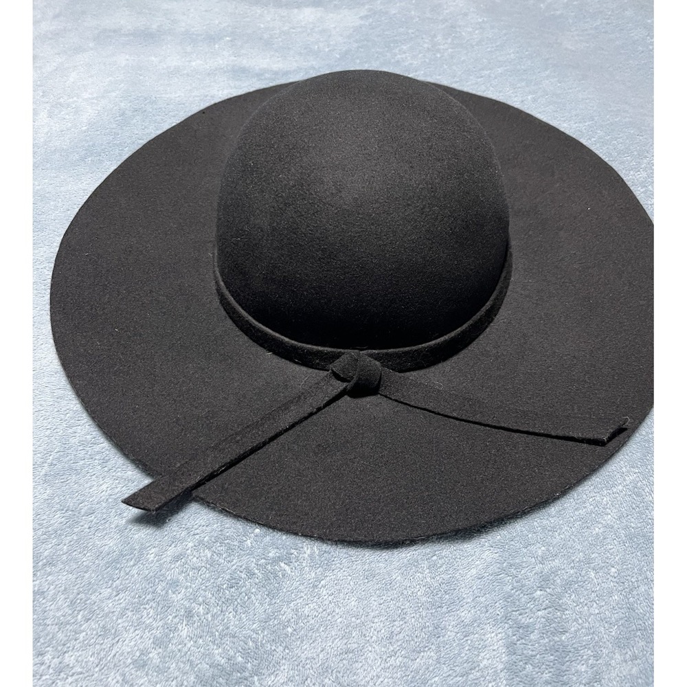 Women's Black Wide Brim Felt Hat Round Crown Boho 100% Wool Knotted Band Wide - Picture 4 of 5